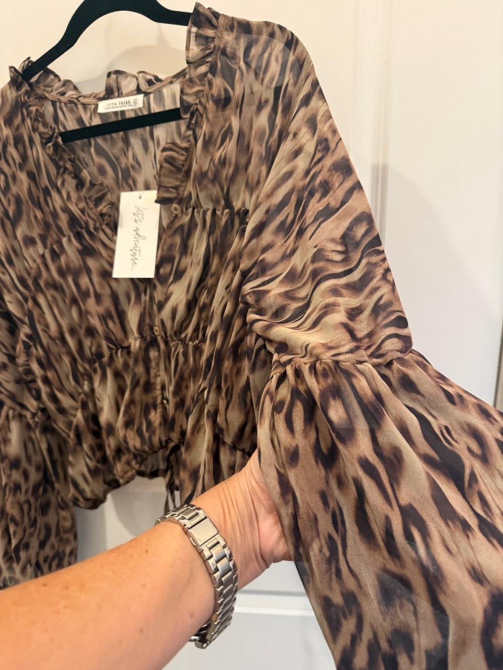 12th Tribe Leopard Print Ruffled V-Neck Blouse in Brown and Tan - Picture 8 of 16